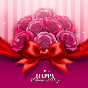 Happy Valentine's day design with roses boutique and red bow in 3d illustration