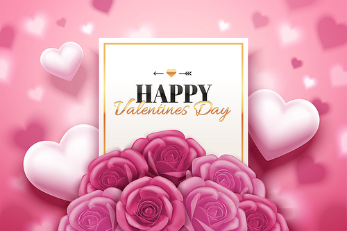 Happy Valentine's day design with pink roses boutique and heart shaped in 3d illustration