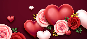 Valentine's day design with roses and heart shaped decorations in 3d illustration