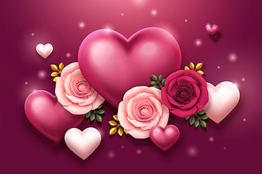 Valentine's day design with roses and heart shaped decorations in 3d illustration