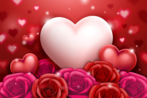Valentine's day with roses and heart shaped decorations in 3d illustration