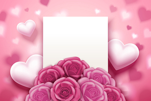 Romantic valentine's card with pink roses and heart decorations, 3d illustration