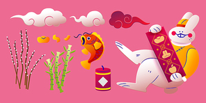 Chinese New Year elements of rabbit in traditional costume showing off red couplet, oriental clouds, bamboo sticks, firecracker, and jumping goldfish on pink background.