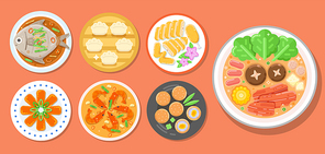 CNY reunion dinner set isolated on light orange background. Illustrated traditional dishes in flat lay perspective. Including fish, mullet roe, dumplings, taro balls, shrimps, chicken and hot pot.