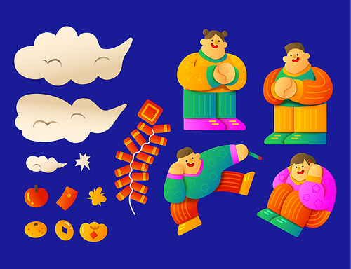 Chinese new year elements set. Including clouds, gold coins and ingots, firecrackers, a boy using firestick, and a girl covering her ears, and two others kids greeting to each other.
