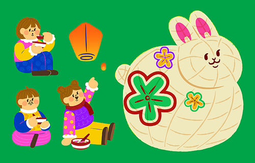 Illustration of kids sitting and eating tangyuan, sky lanterns, and a paper made rabbit installation art isolated on green background