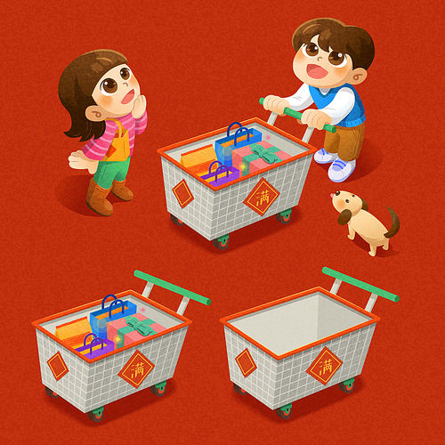 Cute hand drawn Chinese new year shopping set isolated on red background. Including girl, boy pushing full shopping cart, puppy dog, full and empty shopping cart. Text on shopping carts: full.