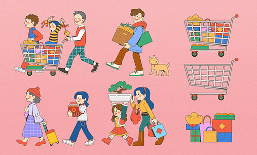 Illustrated Chinese new year shopping family set isolated on pink background. Cute characters pushing cart or carrying groceries, pet cat, shopping cart, and all kinds of presents.