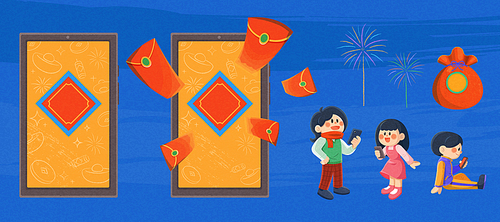Creative CNY element set isolated on blue textured background. Including phone screen with and without red envelope flying out, people in different poses using their phone, fortune bag and firework.
