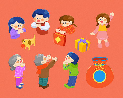 Chinese new year family element set isolated on salmon pink background. Including family of three generations greeting, pet dog, gift, and fortune bag.