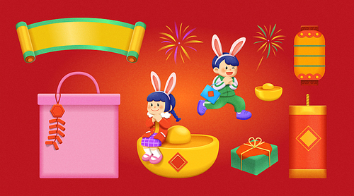 Cute characters Chinese new year element set isolated on red background. Including paper scroll, shopping bag, firecrackers, characters with bunny ears, gold ingot, firework, lantern and gift.