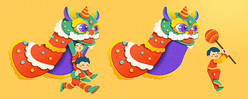 Festive Chinese new year element set isolated on yellow background. Including lion dancing costume and performers.