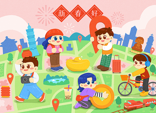 Chinese New Year travel poster. Illustrated cute tourists sightseeing on enlarged map with pins and Taiwan landmarks. Text: Happy new year.