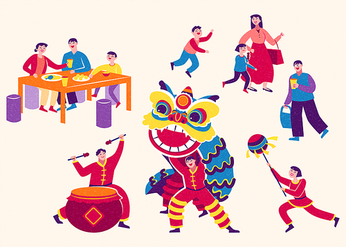 Spring Festival character illustrations include lion dance performers, dining small family, shopping mom with kids, and a young man bringing a bag