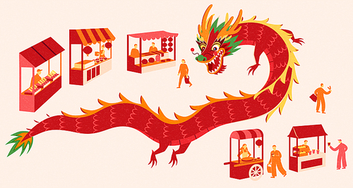 Chinese dragon and new year market stands in red color. Elements for new year market fair