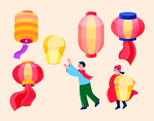Chinese Lantern Festival elements. Illustration of four lanterns in different styles, and a boy raising both hands with a girl holding a sky lantern in chest isolated on yellow background.