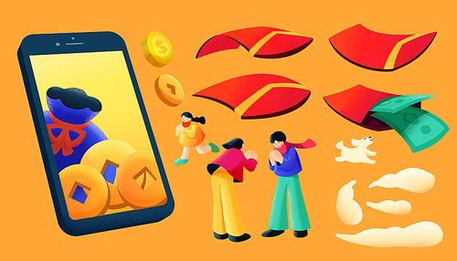 Illustration of phone with lucky bag and coins on screen, adults greeting to each other, bending red envelopes, white puppy, and clouds isolated on orange background