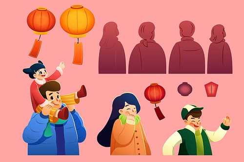Illustration of a father carrying his daughter on his shoulders with other two family members, silhouettes of people's back, and lanterns with paper tags isolated on pink background