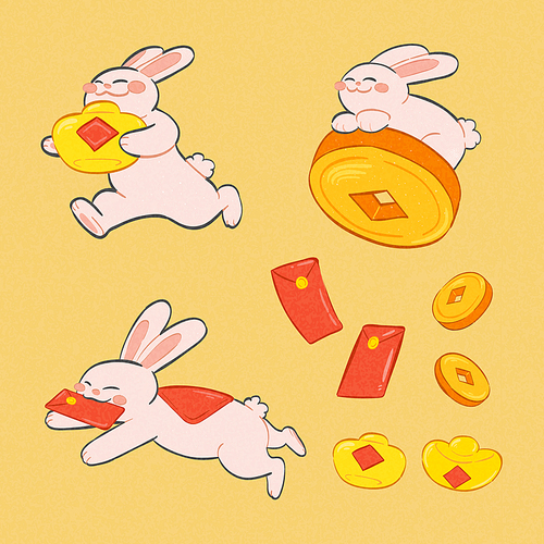 Cute year of rabbits set isolated on yellow background.Including red envelopes, coins, gold ingot and rabbits with coin, gold ingot, or red envelopes.