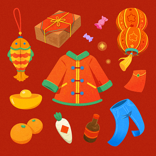 Illustrated Chinese new year element set isolated on red background. Including outfits, lanterns, candies, box, fish ornament, gold ingot, orange, white radish, red envelope and soy sauce.