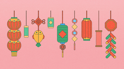 Illustrated various Chinese new year lanterns and ornaments isolated on pink background.