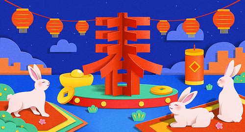 Paper art Chinese new year greeting card. Creative paper cut design spring character on display stage outdoor with new year decorations and cute bunnies around. Text: Spring.