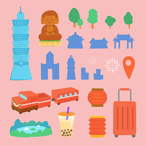 Taiwan landmark attractions element set isolated on pink background.