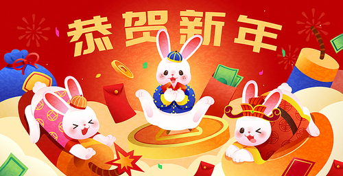 Cute Chinese new year banner. Illustrated rabbits on giant new year decoration. Concept of year of the rabbit. Text: Happy new year.