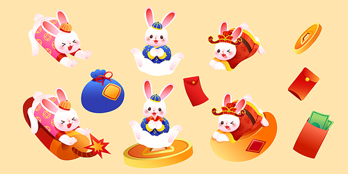 Cute CNY bunny element set isolated on beige background. Illustrated rabbits in traditional costumes, firecracker, fortune bag, red envelopes, coins, and gold ingot.