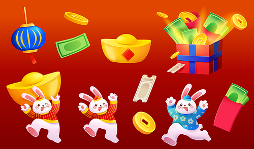 Chinese new year rabbit element set isolated on red background. Including bunnies in cute outfit, gift box full of money, lantern, gold ingot, red envelope, banknote, coins and coupon ticket.