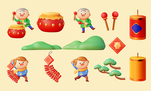 3D Chinese New Year elements set. Including a boy beating drum with drumsticks, a girl holding firecrackers decoration, bushes, Japanese pine branches, and a doufang written spring.