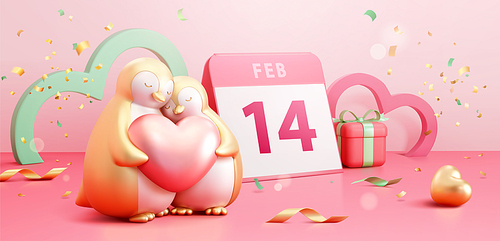 3D Illustration of a loving penguin couple holding a heart together and standing on the pink background of February calendar and giftbox
