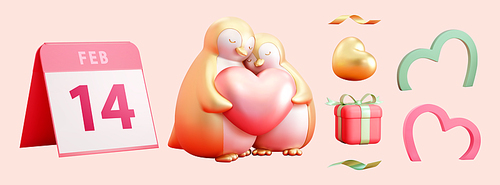 3D Illustration of a pair of loving penguin couple holding a heart, February calendar, heart shape decoration, confetti and gift box isolated on pink background