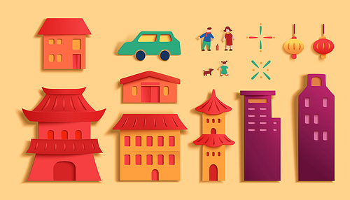 Papercut style elements including lanterns, fireworks, family, car, Chinese buildings and skyscraper