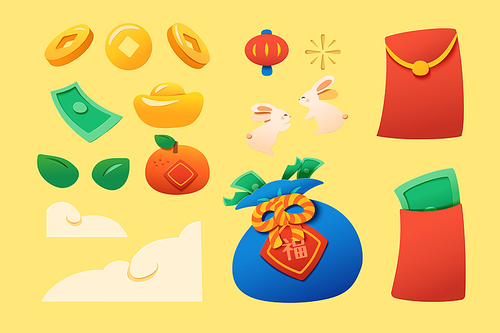 Papercut style elements for Chinese new year. Including white bunny, gold ingots, coins, red envelopes, orange, leaves, cloud, and lucky bag with text of blessing written on it