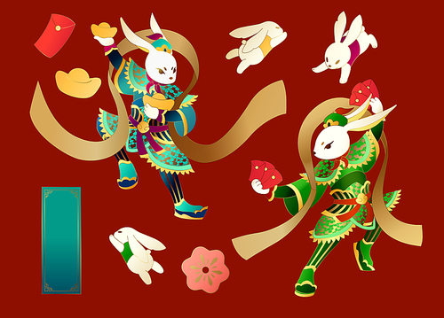 2023 Chinese door god elements set. Including door god rabbits holding red envelopes and gold ingots, little bunnies, blue couplet isolated on crimson red background