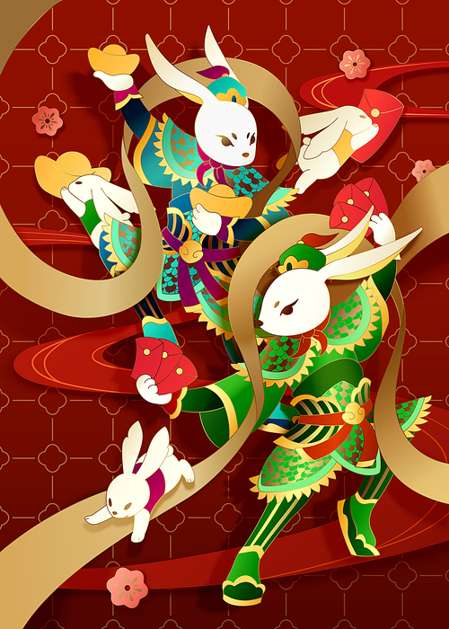 Powerful door god rabbits holding red envelopes and gold ingots on patterned crimson red background
