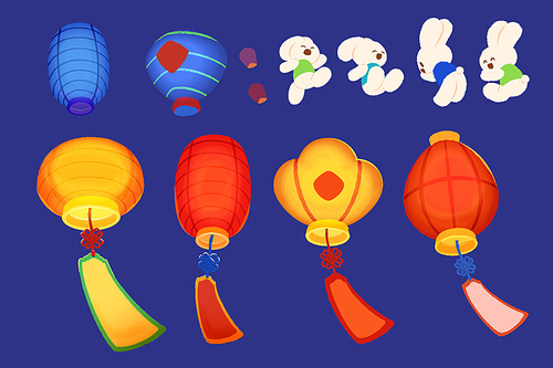 Lantern and bunny elements set. Illustration of blue, yellow and yellow lanterns and little bunny wearing tops