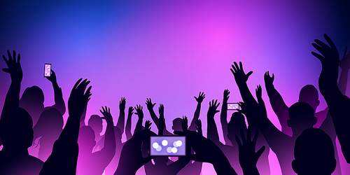 Silhouette of crowds putting hands up and capturing pictures with smartphones on neon background.