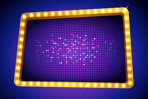 3D Illustrated LED projection screen with gold light bulb frame isolated on navy blue background.
