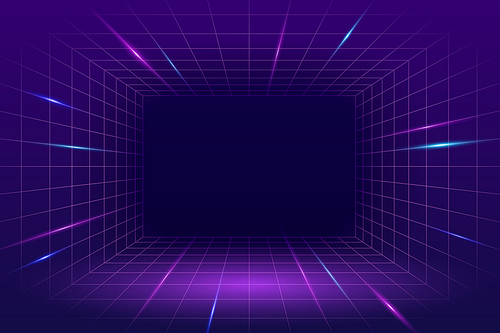 3D Illustration of cyberpunk neon perspective grid space with glowing lines on purple background.