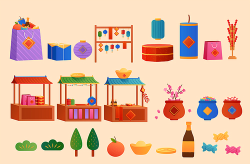 Cute illustrated Chinese new year market element set isolated on beige background.