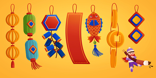 Chinese new year ornaments set isolated on yellow background. Various design ornaments and cute character writing with giant chinese brush.