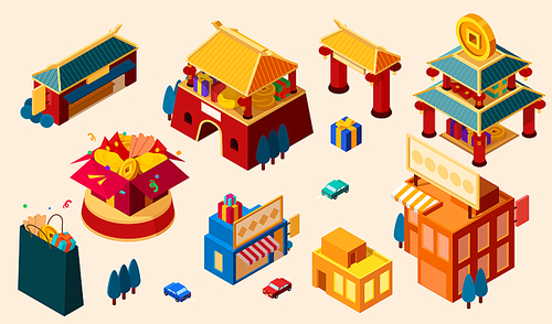 Isometric CNY building element set isolated on white background. Including ancient chinese architecture, shops, gift boxes, shopping bag, cars, and trees.