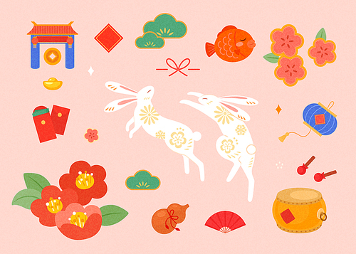 Cute CNY element set isolated on pink background. Including temple, doufang, red envelope, camellia, japanese pine, rabbits, carp fish, lantern, flowers, drum, paper fan and gourd.