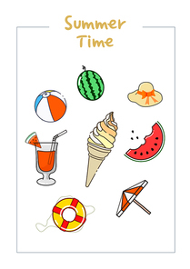 간단한 여름 아이콘 모음. 여름 배경의 스티커 모음