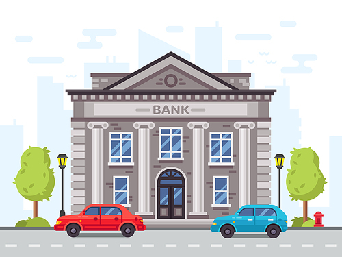 Cartoon bank or government building, courthouse with roman columns. Money loan house in cityscape with cars on street vector illustration