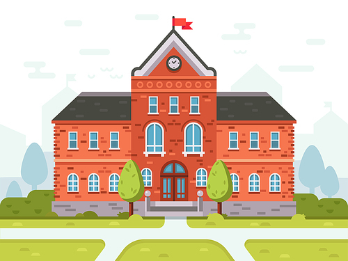 College campus for students, school high or university building. Student house entrance vector illustration