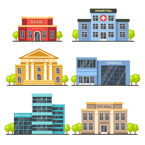 Flat city buildings. Contemporary office center, hospital facade and city hall building. Modern theater, office center and cinema construction exterior vector isolated illustration icons set