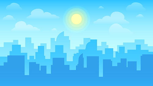 Urban cityscape. City architecture, skyscrapers buildings and town landscape with sun on cloudy sky or business center building. Daytime skyline cityscape flat vector background illustration